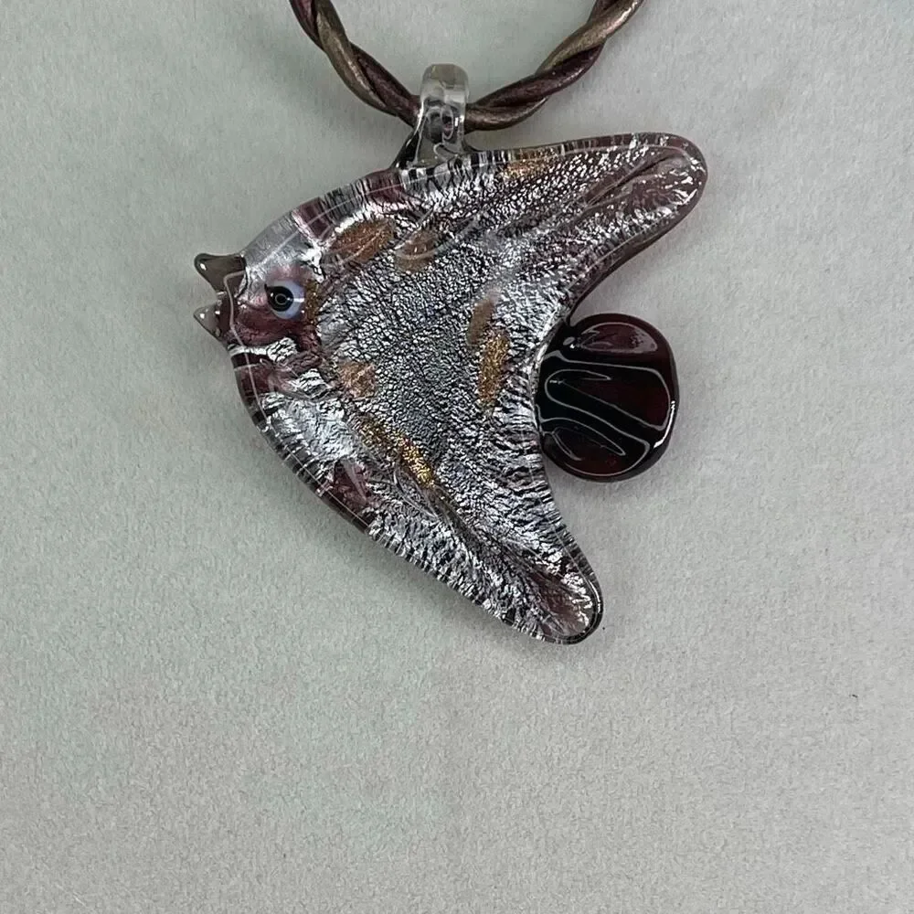 RMN glass ornate fish metallic twisted leather cord necklace.